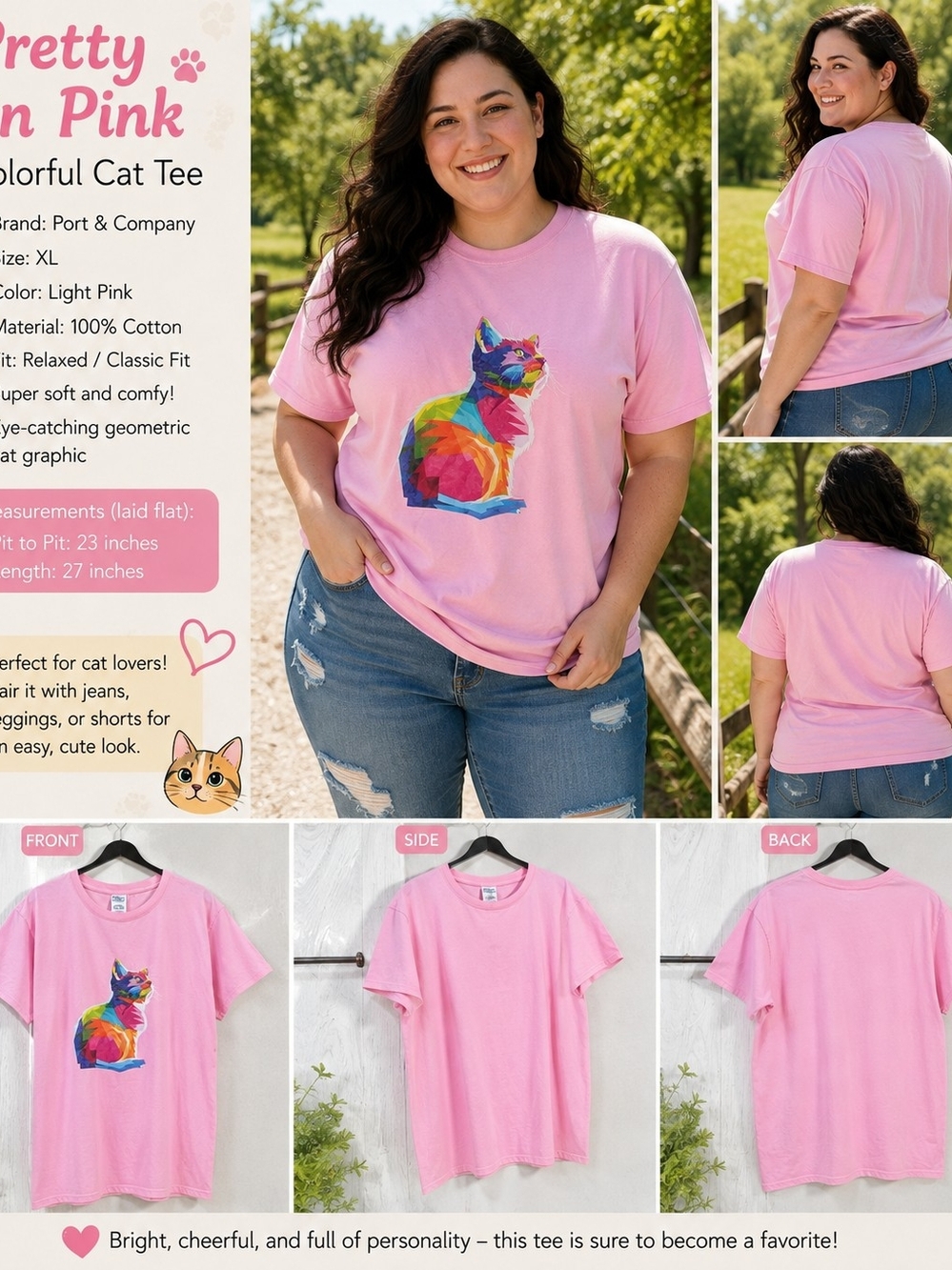 P127 🐾 Pretty in Pink – Colorful Cat Tee 🌈💗